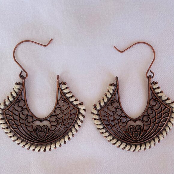 Boho Copper Filigree Hoop Earrings with Cream Accents Handmade 2 Inch Drop Light - Picture 6 of 6